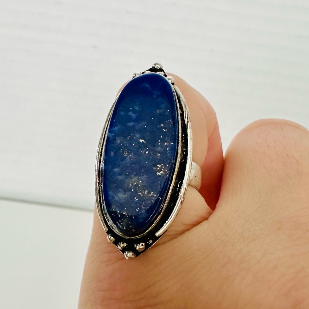 Blue Lapis & Sterling Silver Oval Ring w Gold Pyrite, Size 6.5, 925